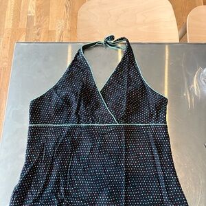 Vintage Club Monaco Black Polka Dot halter Dress with Teal Trim